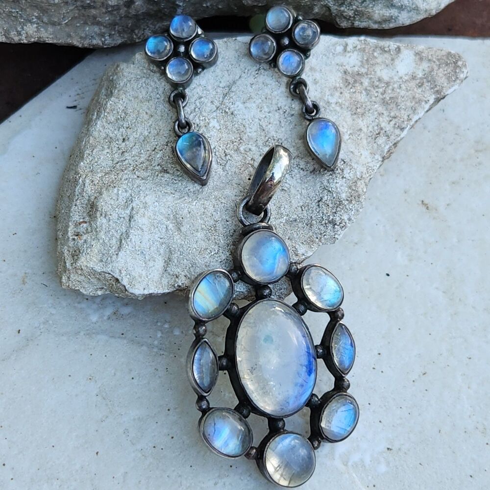 Vintage Y2K  sterling blue flash Moonstone Cluster Earring Pendant Set fairy 925